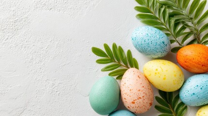 A bunch of colorful Easter eggs are arranged on a white background. The eggs are of different colors and sizes, and they are placed in a way that creates a sense of harmony and balance