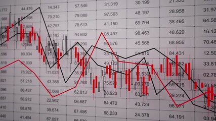 Seamless loop 3D animation of a grayscale financial candlestick chart with red bars and black trend lines over numeric grid, ideal for trading, stocks, forex, and market analysis. - Powered by Adobe
