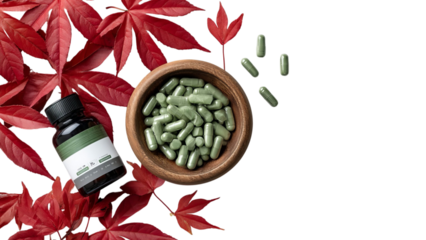 PNG of Aesthetic arrangement featuring green herbal capsules in a wooden bowl, accompanied by a dark bottle and vibrant red leaves.