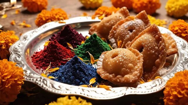 Traditional indian gujiya sweets displayed with colorful gulal powder on decorative silver plate during hindu festival celebration close up
