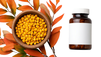 PNG of A wooden bowl filled with yellow tablets beside a bottle against a backdrop of autumn leaves.