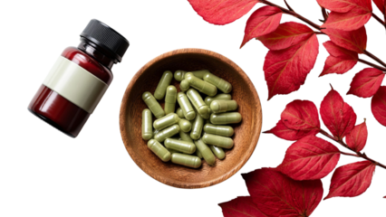 PNG of Aesthetic arrangement of herbal supplements in a bowl, red leaves, and a bottle, showcasing wellness and natural health.