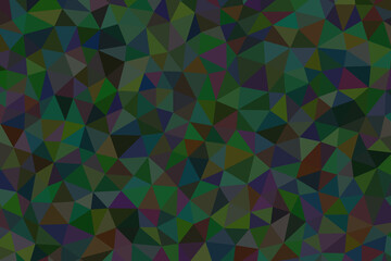 An abstract geometric pattern of triangles in shades of green, blue, brown, and purple creates a mosaic effect