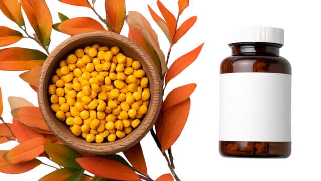 PNG of A wooden bowl filled with yellow tablets beside a bottle against a backdrop of autumn leaves.