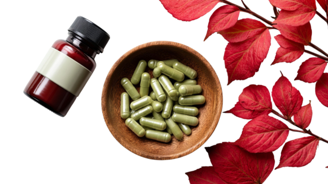 PNG of Aesthetic arrangement of herbal supplements in a bowl, red leaves, and a bottle, showcasing wellness and natural health.