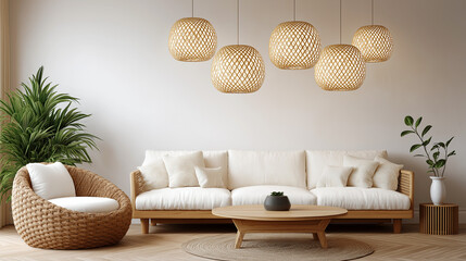 Scandinavian living room interior with white sofa, rattan pendant lights and indoor plants