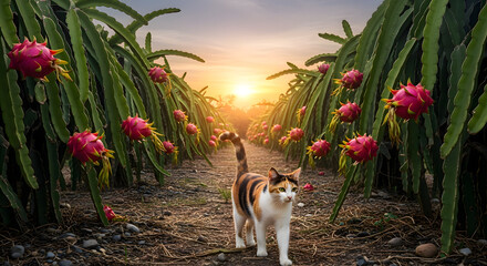 Calico Cat Walking Down an Aisle in a Dragon Fruit Orchard, Surrounded by Cacti and Bright Fruit at Sunset
