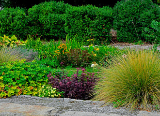 rabata w ogrodzie z ozdobnymi trawami, krzewami i bylinami,  beautiful garden with shrubs, perennial and ornamental grasses, designer garden © kateej