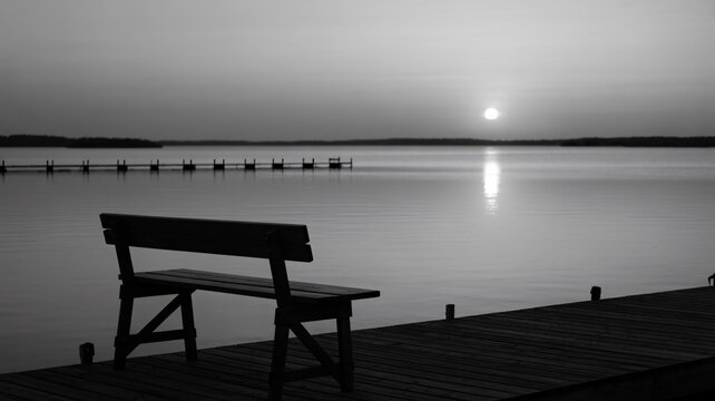 Quiet lake sunset view bench seat monochrome scenic solitude peaceful rest - Powered by Adobe