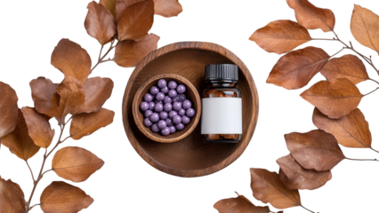 PNG of A serene flat lay of a wooden bowl containing purple pills next to a glass bottle, surrounded by autumn leaves.