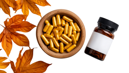 PNG of A serene display of yellow dietary capsules arranged in a wooden bowl alongside a dark glass bottle with leaves.
