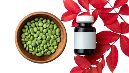 PNG of A wooden bowl filled with green pills alongside a dark bottle on a black background, accented by vibrant red leaves.