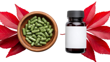 PNG of A collection of green herbal capsules in a wooden bowl, surrounded by vibrant autumn leaves and a dark glass bottle.