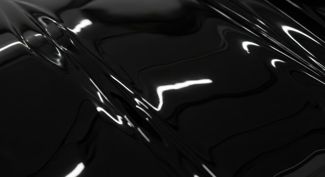 Glossy black liquid waves, smooth fluid surface with bright light reflections