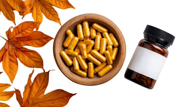 PNG of A serene display of yellow dietary capsules arranged in a wooden bowl alongside a dark glass bottle with leaves.