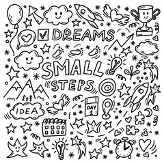 Small steps motivational doodle illustration set