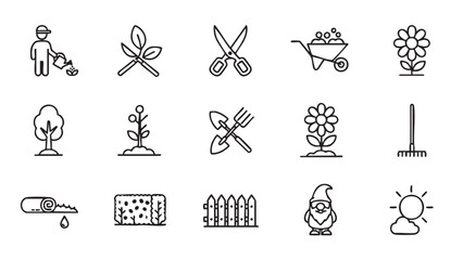 Fototapeta premium Essential Outline Gardening Icons A Comprehensive Set of Line Art Symbols Representing Tools, Plants, Nature, and Outdoor Cultivation Activities