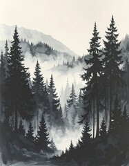 Monochromatic ink wash illustration of a dense, misty pine forest ascending misty mountains.
