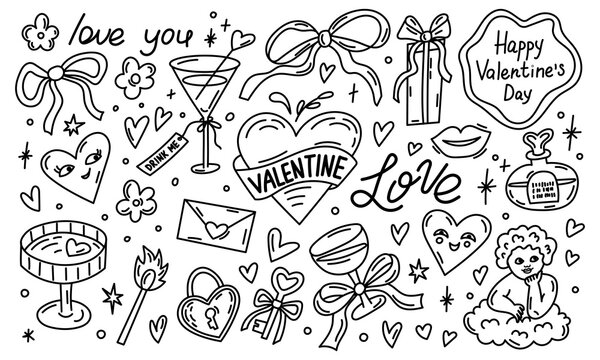 Clipart elements in doodle whimsy style for Valentine's Day.