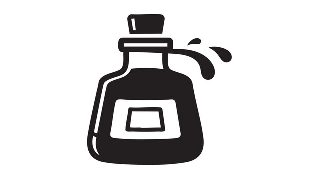 A stylized black and white illustration of a bottle with a splash of liquid, representing a potion or liquid substance