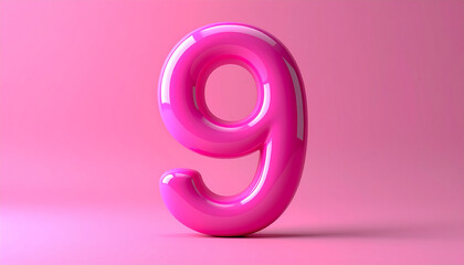 Shiny pink plastic number 9 nine isolated on matching pink backdrop, 3D rendering.