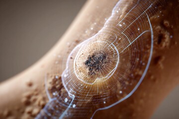 Detailed close-up of a futuristic interface on a human arm portraying advanced technology and data visualization