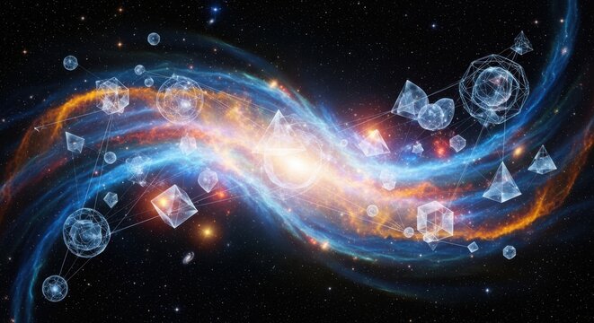 Deep space galaxy with abstract geometric connections overlay