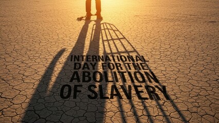 Shadow of person and cage on cracked earth with text for abolition of slavery day