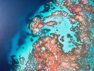 Fototapeta premium Vue aérienne époustouflante d'une lagune turquoise bordée de plages de sable rose et récifs coralliens aux Bahamas
