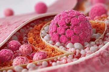Detailed view of cells, highlighting vibrant pink structures within a biological environment