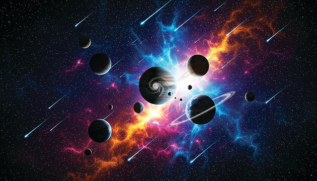 Vibrant deep space cosmic explosion with planets and meteors.