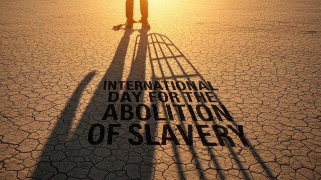Shadow of person and cage on cracked earth with text for abolition of slavery day