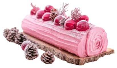 PNG Pink yule log cake christmas dessert pinecones.