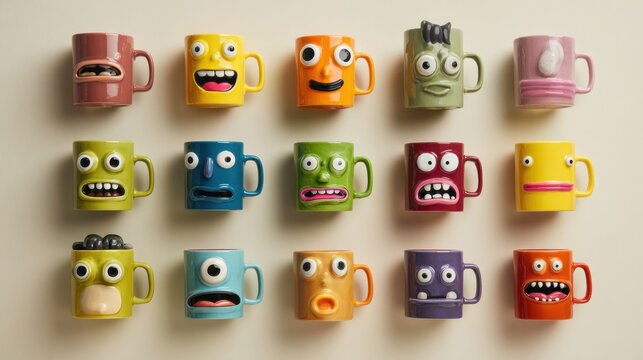 A row of colorful coffee mugs with faces on them. The mugs are arranged in a line, with some of them having different expressions. Scene is playful and whimsical