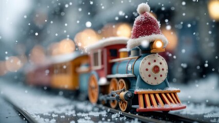 Festive toy express engine and carriage on railroad tracks in winter, covered with snow, surrounded by falling snowflakes and bokeh - Powered by Adobe