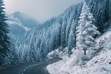 Snowy mountain road winds through evergreen trees in a quiet winter landscape under a cloudy sky