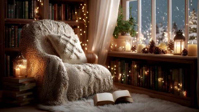 Creating warm and inviting hygge comfort, a cozy armchair sits ready for reading during a snowy winter evening
