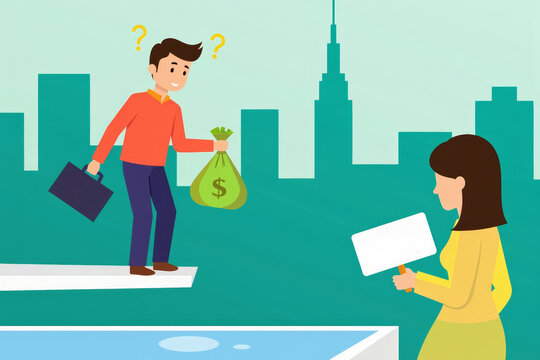 Caption: Person on Diving Board Contemplating Wealth and Decision Making - Powered by Adobe