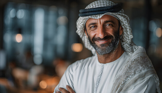 Arabian man in traditional thawb, ghutra stands confidently in modern office. His crossed arms, warm smile suggest success, approachability. He works in bright, airy workspace with blurred background.