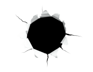 A digitally rendered bullet hole effect, revealing a dark void, with ragged paper edges