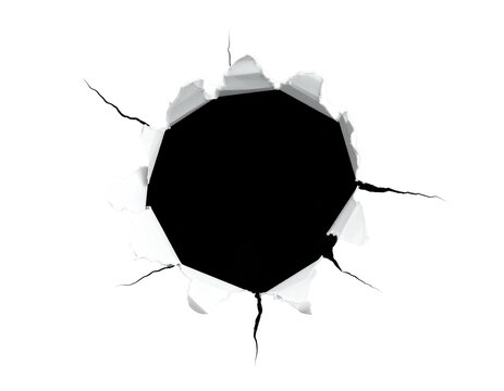 A digitally rendered bullet hole effect, revealing a dark void, with ragged paper edges