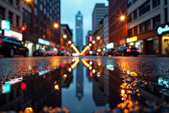 Rainstorm Captured from Above: Urban Cityscape Reflects in Puddle