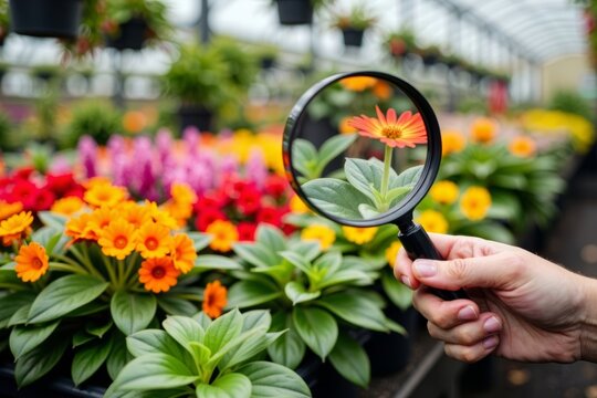 Exploring a Greenhouse with a Magnifying Glass and Vibrant Plants