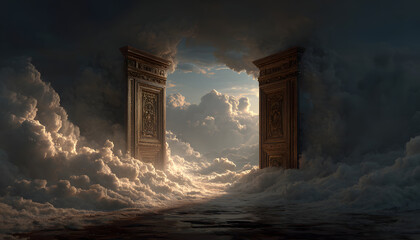 Naklejka premium Large, open double doors with intricate carvings stand between contrasting cloudy skies, judgment transition to afterlife. Doors surrounded by bright, radiant light, representing hope, salvation.