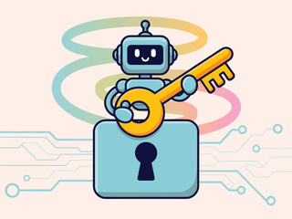 Cartoon robot holding a golden key standing on a blue lock with circuit background