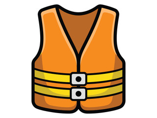 Illustration of an orange life vest with yellow stripes and black outline on white