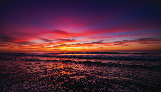 Vibrant ocean sunset with dramatic fiery clouds above calm waves
