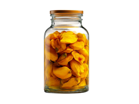 PNG of A glass jar filled with vibrant yellow flower petals, showcasing a cheerful and fresh aesthetic.