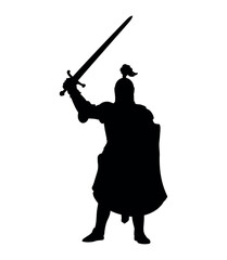 Fototapeta premium Silhouette of a medieval knight in armor holding a sword and shield aloft.