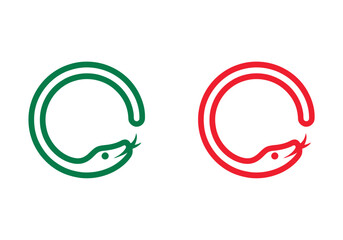 Two snakes forming a circle with their bodies, one green and one red.